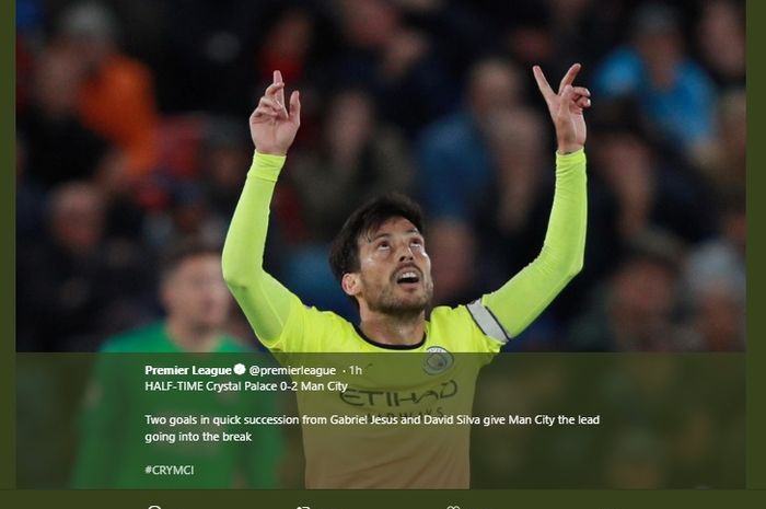 Selebrasi David Silva usai mencetak gol ke gawang Crystal Palace  di Selhurst Park, pada laga lanjutan Liga Inggris pekan ke-9, Sabtu (19/10/2019). 