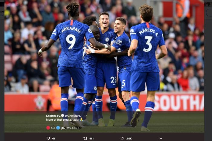 Selebrasi pemain Chelsea saat menang atas Southampton, di St Mary's Stadium, pada laga pekan ke-8 Liga Inggris, Minggu (6/10/2019). 