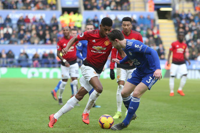 Aksi pemain Manchester City, Marcus Rashford, pada laga lanjutan Liga Inggris di Stadion King Power, Minggu (3/2/2019).