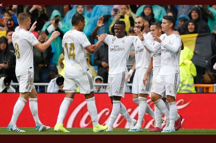 Selebrasi pemain Real Madrid saat menjamu Levante pada laga pekan ke-4 LaLiga di Stadion Santiago Bernabeu, Sabtu (14/9/2019).