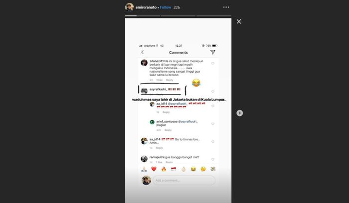 Unggahan instastory Emir Eranoto Dipasena 'diklaim' oleh warga Malaysia pada Jumat (19/4/2019).