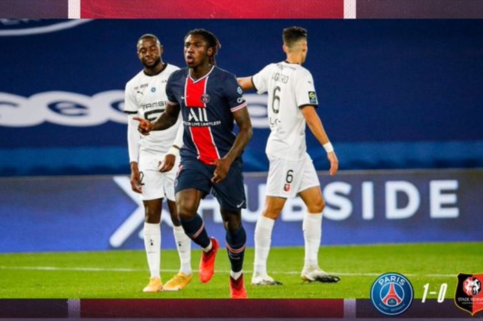 Moise Kean membuka skor dalam laga PSG vs Rennes di Liga Prancis, Sabtu (7/11/2020) di Parc des Princes.