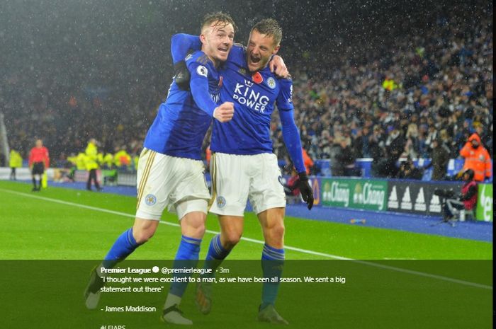 James Maddison dan Jamie Vardy berselebrasi usai mencetak gol ke gawang Arsenal di King Power Stadium, Sabtu (9/11/2019).