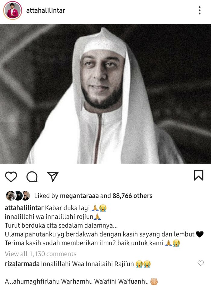 Atta Halilintar kenang sosok Syekh Ali Jaber yang selalu berdakwah dengan kasih sayang dan lembut.