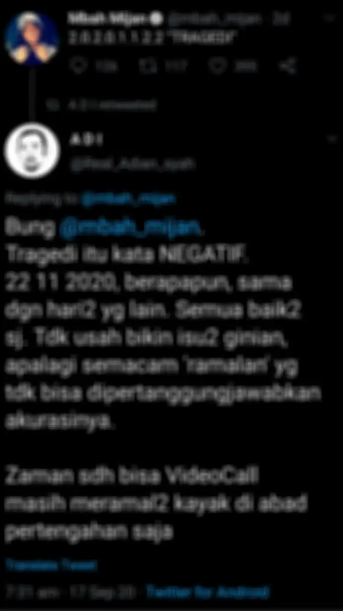 Seorang netizen mendebat ramalan Mbah Mijan di sosial media.