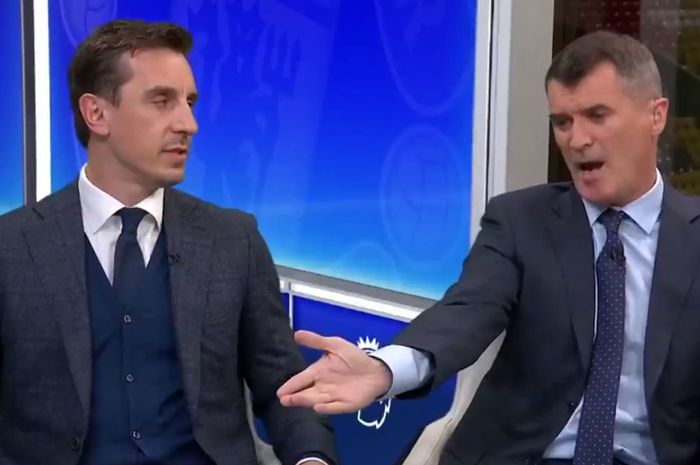 Dua legenda Manchester United, Gary Neville dan Roy Keane, berargumen di studio Sky Sports saat menganalisis Derbi Manchester, Kamis (25/4/2019).