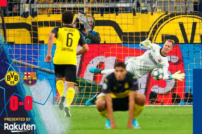 Kiper Barcelona, Marc-Andre ter Stegen disinyalir melakukan penyelamatan ilegal saat menepis tendangan penalti Marco Reus saat Barcelona menahan Dortmund di BVB Stadion Dortmund, Selasa (17/9/2019) atau Rabu dini hari WIB.