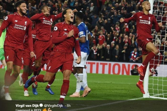 Selebrasi beberapa pemain Liverpool usai berhasil mengalahkan Everton 1-0 pada laga lanjutan Liga Inggris