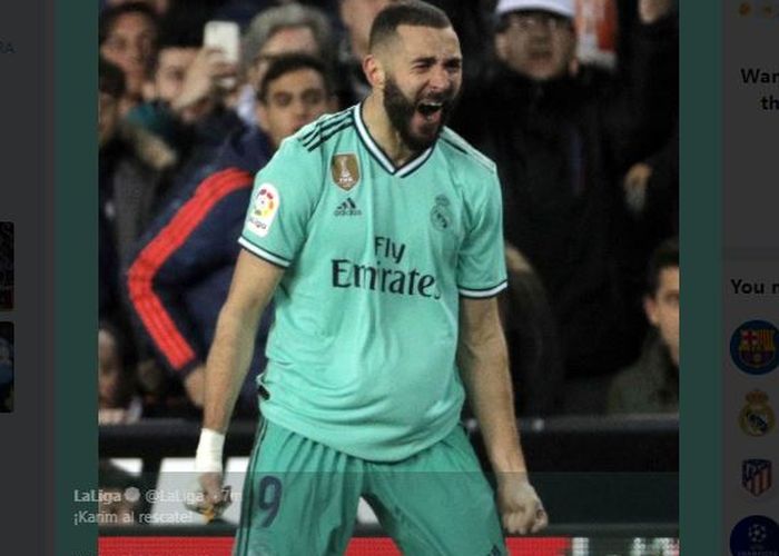 Ekspresi Karim Benzema usai mencetak gol penyeimbang ke gawang Valencia, Minggu (15/12/2019).