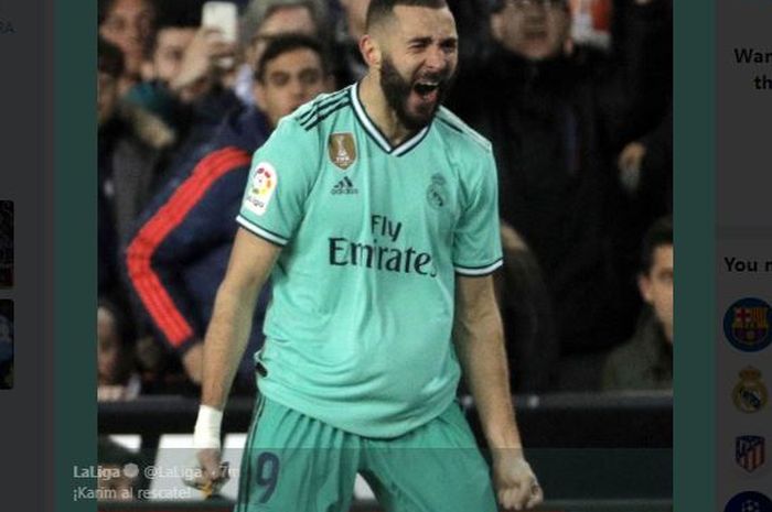 Ekspresi Karim Benzema usai mencetak gol penyeimbang ke gawang Valencia, Minggu (15/12/2019).