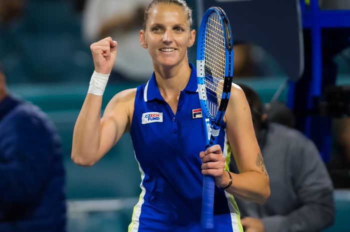 Ekspresi Karolina Pliskova (Republik Ceska) usai berhasil memastikan diri melaju ke partai final Miami Open 2019.