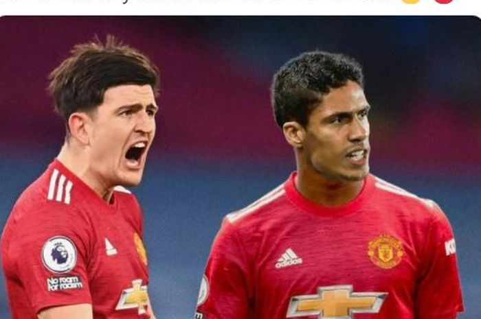 Ilustrasi Raphael Varane (kanan) dan Harry Maguire dalam seragam Manchester United.