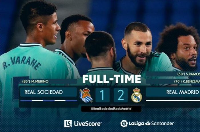 Real Madrid merayakan kemenangan atas Real Sociedad pada pertandingan Liga Spanyol, Minggu (21/6/2020).