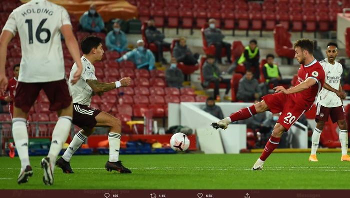 Diogo Jota berhasil mencetak gol debutnya untuk Liverpool ke gawang Arsenal pada pekan ketiga Liga Inggris 2020-2021, Selasa (29/9/2020) dini hari WIB.