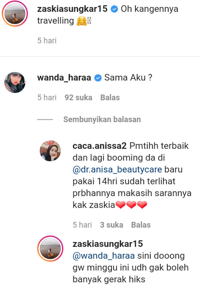 Percakapan Zaskia Sungkar dan Wanda Hara