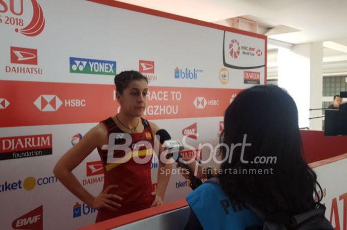 Pebulu tangkis tunggal putri asal Spanyol, Carolina Marin usai mengalahkan pebulu tangkis tunggal pu