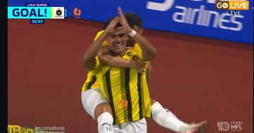Selebrasi Ramadhan Sananta saat mencetak gol untuk DPMM FC ketika lawan PDRM FC pada pekan pembuka Malaysia Super League di Selayang Stadium, Selangor, Sabtu (9/8/2025).