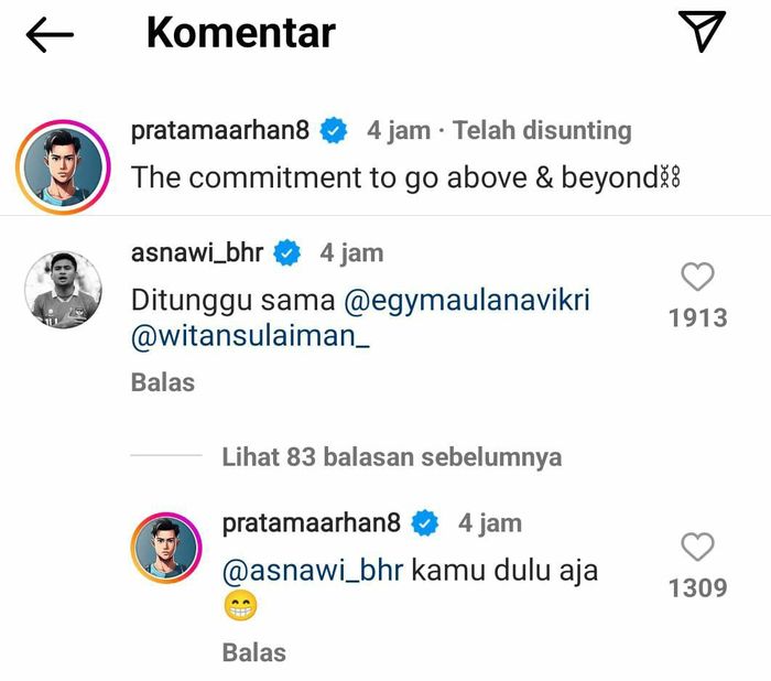 Cengkerama Asnawi Mangkualam dan Pratama Arhan mengenai potensi pulang ke Indonesia di Instagram (10/2/2023). 