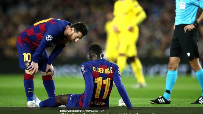 Penyerang Barcelona, Ousmane Dembele, cedera dalam laga melawan Borussia Dortmund pada Rabu (27/11/2019).