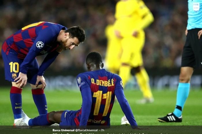 Penyerang Barcelona, Ousmane Dembele, cedera dalam laga melawan Borussia Dortmund pada Rabu (27/11/2019).