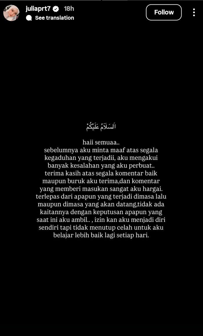 Jule minta maaf dan mengaku ingin menjadi dirinya sendiri.