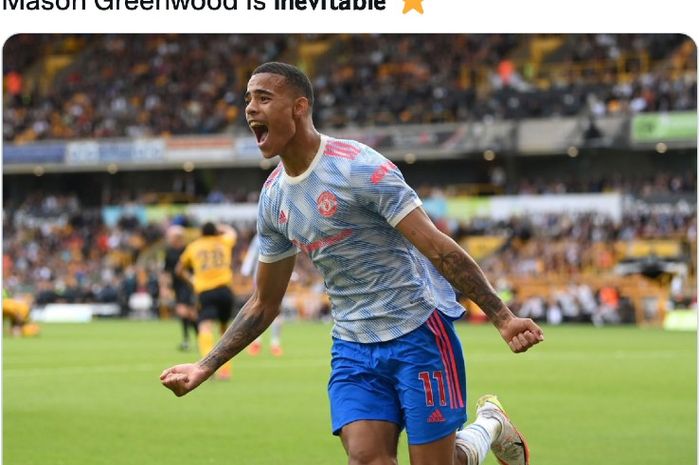 Selebrasi gol pemain Manchester United, Mason Greenwood, pada laga Liga Inggris melawan Wolverhampton Wanderers, Minggu (29/8/2021) di Stadion Molineux.