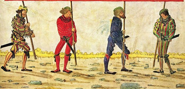 Landsknecht terkenal dengan seragam mereka yang berwarna cerah dan mencolok. Menurut legenda, tren pakaian berwarna-warni dimulai pada tahun 1477 setelah pertempuran berdarah.