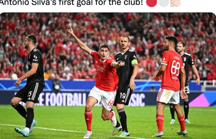 Pemain Benfica, Antonio Silva, merayakan golnya ke gawang Juventus pada matchday 5 Grup H Liga Champions musim 2022-2023, Rabu (26/10/2022)