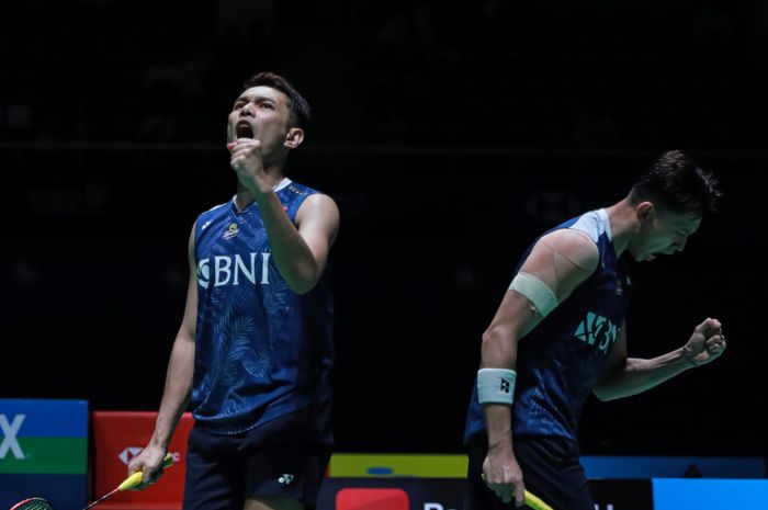 Ganda putra Indonesia, Fajar Alfian/Muhammad Rian Ardianto, saat semifinal Korea Open 2023 di Jinnam Stadium, Yeosu, Korea Selatan, 22 Juli 2023.