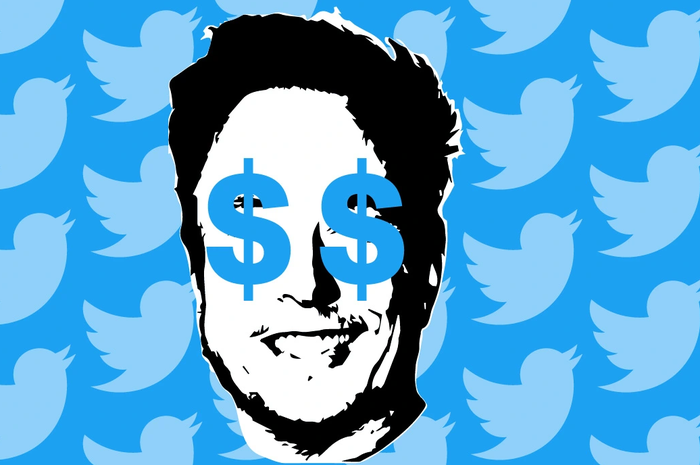 Ilustrasi wajah Elon Musk dengan background logo Twitter.