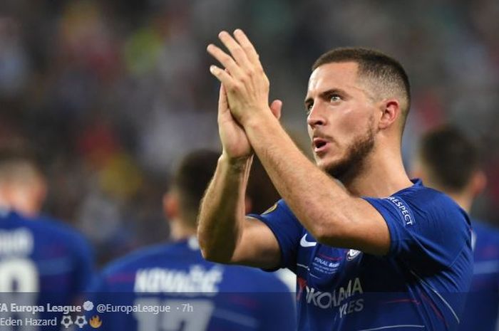 Bintang Chelsea, Eden Hazard, merayakan golnya dalam final Liga Europa kontra Arsenal, 29 Mei 2019 di Stadion Olimpiade Baku, Azerbaijan.