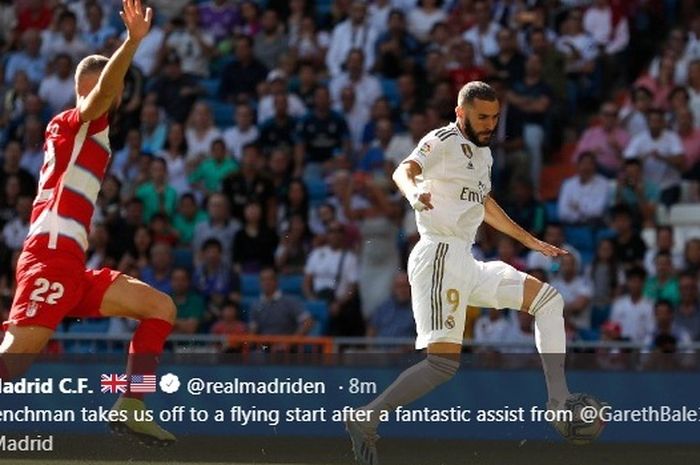 Aksi striker Real Madrid, Karim Benzema, dalam laga kontra Granada di Estadio Santiago Bernabeu pada Sabtu (5/10/2019).