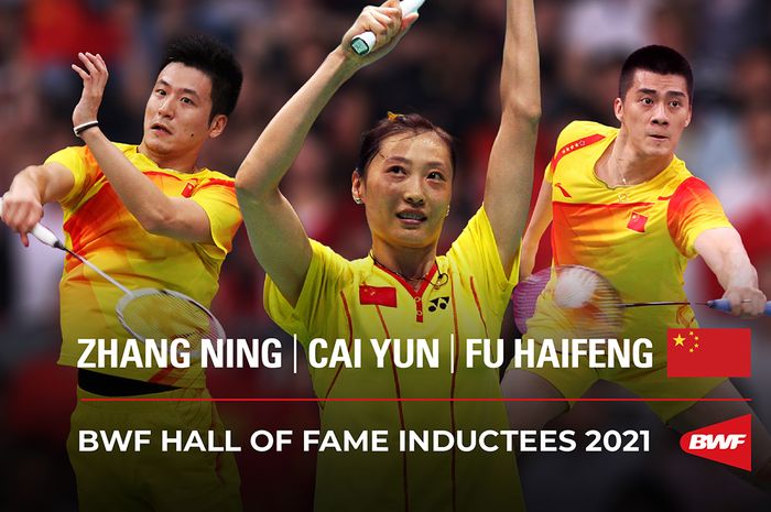 Tiga legenda China, Zhang Ning (tengah), Cai Yun (kiri), dan Fu Haifeng, terpilih sebagai penerima BWF Hall of Fame 2021.