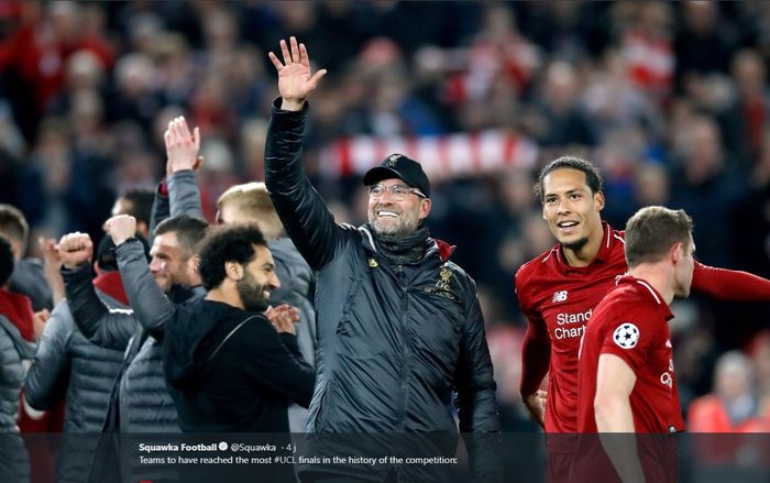 Ekspresi pelatih Liverpool, Juergen Klopp (ketiga dari kanan), seusai laga leg kedua semifinal Liga Champions melawan Barcelona di Stadion Anfield, Selasa (7/5/2019).