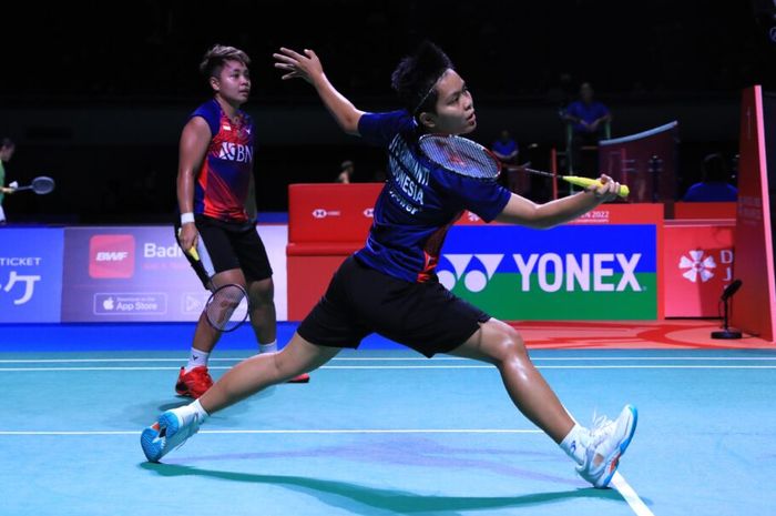 Pasangan ganda putri Indonesia Apriyani Rahayu/Siti Fadia Silva Ramadhanti pada pertandingan babak pertama Japan Open 2022, Selasa (30/8/2022)