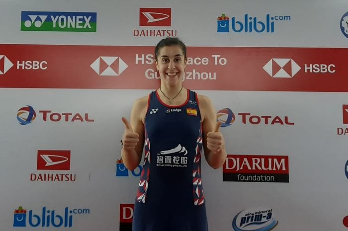 Pebulu tangkis tunggal putri Spanyol, Carolina Marin, berpose seusai melakoni konferensi pers laga semifinal Indonesia Masters 2020.