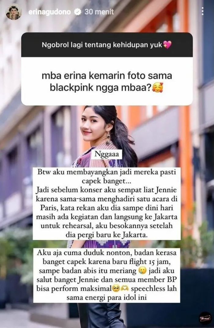 Jawaban Erina Gudono terkait jadwal padatnya Jennie BLACKPINK
