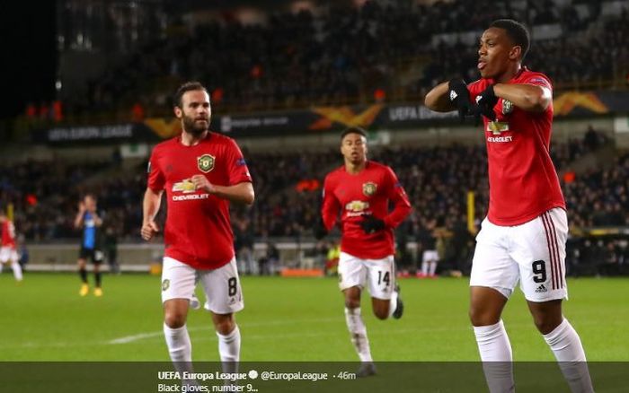 Selebrasi Anthony Martial di laga Club Brugge pada pertandingan leg pertama babak 32 besar Liga Europa, di Stadion Jan Breydel, Brugge, Kamis (20/2/2020) atau Jumat dini hari WIB. 