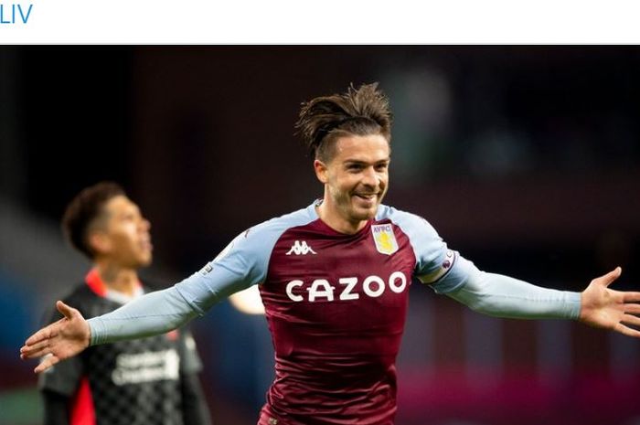 Gelandang Aston Villa, Jack Grealish, merayakan gol yang dicetak ke gawang Liverpool dalam laga Liga Inggris di Stadion Villa Park, Minggu (4/10/2020).