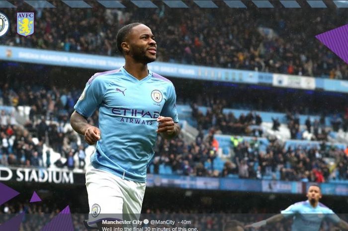 Pemain sayap Manchester City, Raheem Sterling, merayakan golnya ke gawang Aston Villa.