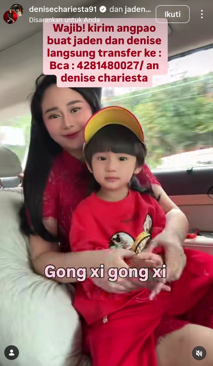 Denise Chariesta minta followers untuk kirim angpao buat Jaden.