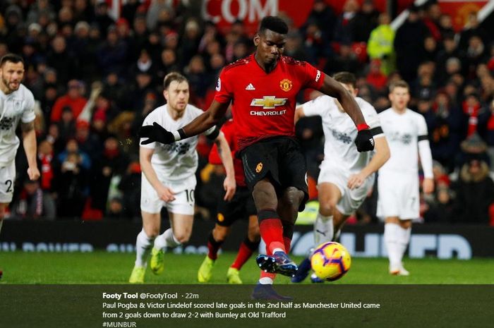 Paul Pogba melepaskan tembakan penalti yang menghasilkan gol Manchester United ke gawang Burnley dalam partai Liga Inggris di Old Trafford, 29 Januari 2019.