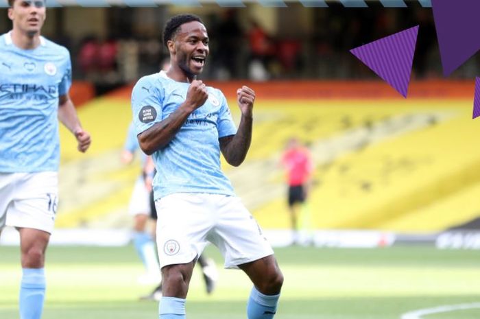 Penyerang Manchester City, Raheem Sterling, merayakan gol ke gawang Watford pada pekan ke-37 Liga Inggris 2019-2020.