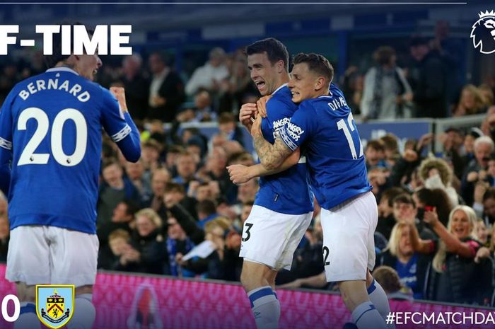 Selebrasi para pemain Everton saat Seamus Coleman mencetak gol ke gawang Burnley di laga pekan ke-37 Liga Inggris di Goodison Park, Sabtu (4/5/2019) dini hari WIB.