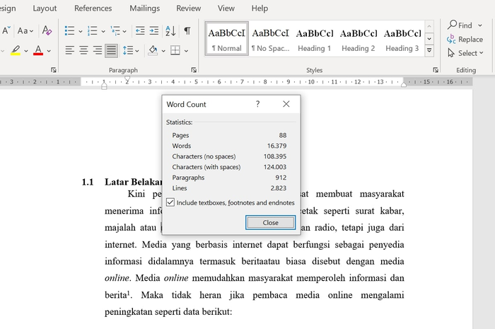 Perbedaan jumlah kata dan jumlah karakter