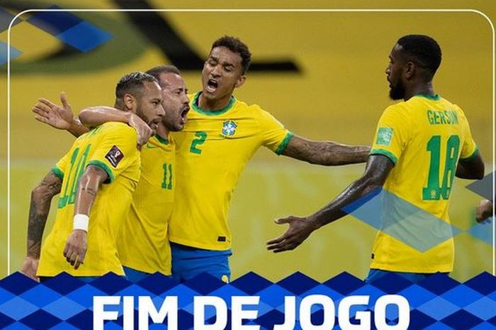 Neymar (paling kiri) berperan penting dalam kemenangan timnas Brasil atas timnas Peru dalam laga kualifikasi Piala Dunia 2022.