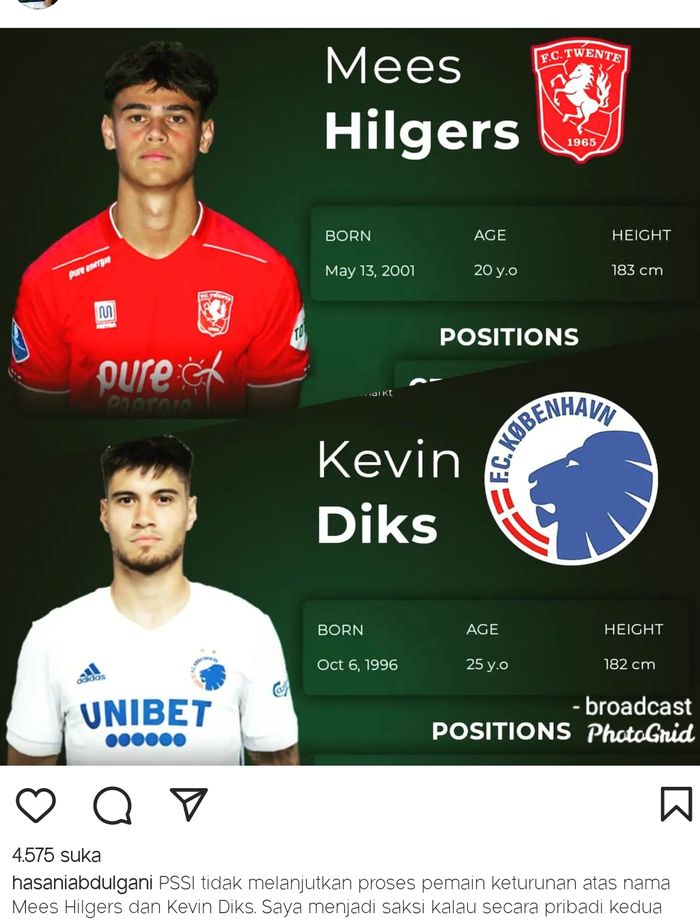 Unggahan instagram HasanI Abdulgani terkait proses naturalisasi Mees Hilgers dan Kevin Diks yang tidak dilanjutkan PSSI.