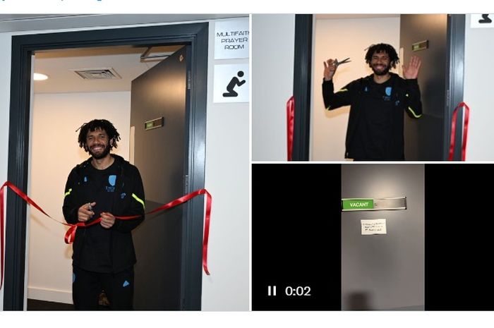 Gelandang Arsenal Mohamed Elneny meresmikan musala baru di Stadion Emirates, London, menjelang bulan puasa Ramadan tahun 2024 ini. 