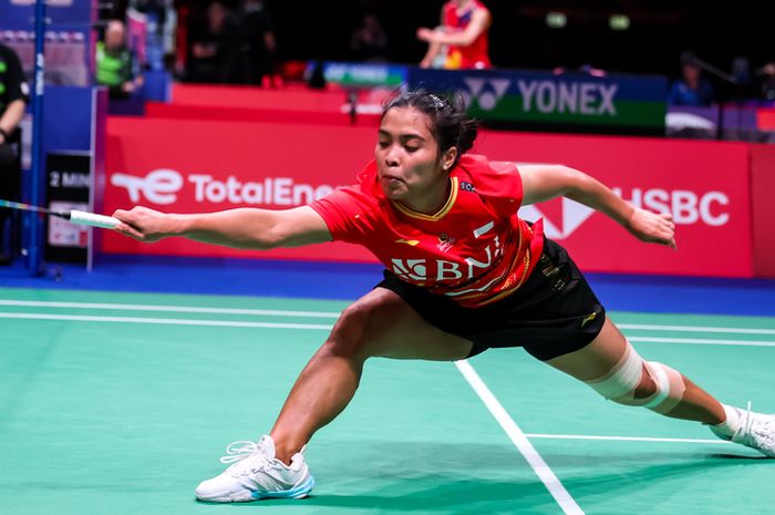 Pebulu tangkis tunggal putri Indonesia, Gregoria Mariska Tunjung, pada babak 16 besar Kejuaraan Dunia 2023 di Royal Arena, Kopenhagen, Denmark, Kamis (24/8/2023).