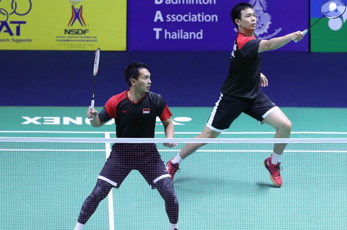 Penampilan ganda putra Indonesia, Mohammad Ahsan/Hendra Setiawan, pada babak pertama Thailand Open 2019 di Indoor Stadium Huamark, Bangkok, Thailand, Selasa (30/7/2019).